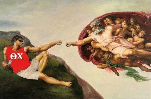 A parody of Michelangelo's Creation of Adam: a brother in a Theta Chi tank top reaching out to touch fists with God