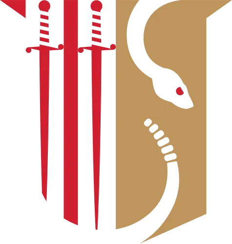 The Theta Chi crest: three swords and a coiled rattlesnake forming a shield