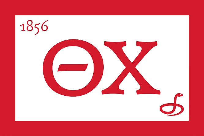 The Theta Chi chapter flag: red border, ΘX letters, 1856, and the rattlesnake